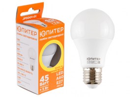 Лампа светодиодная A60 СТАНДАРТ 9 Вт 170-240В E27 3000К ЮПИТЕР (75 Вт аналог лампы накал., 820Лм, теплый белый свет) (JP5001-05)